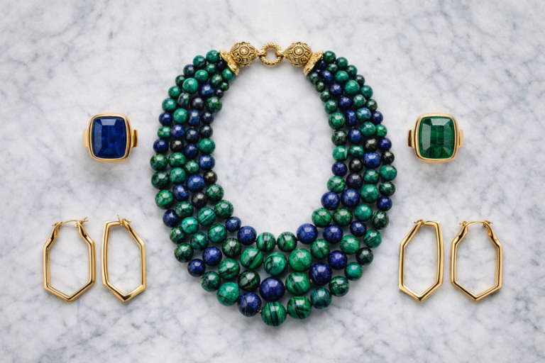An image of a symmetrical, photorealistic luxury jewelry flat lay on a white marble background, featuring a chunky malachite and lapis multi‑strand necklace, oversized gemstone rings, and geometric gold hoop earrings in warm gold and earthy tones.