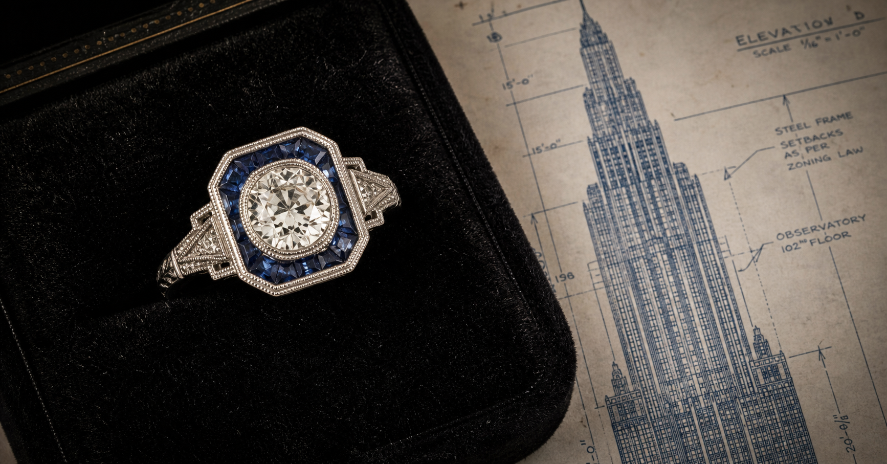 Art Deco platinum ring featuring an Old European cut diamond surrounded by a geometric halo of calibré-cut blue sapphires.