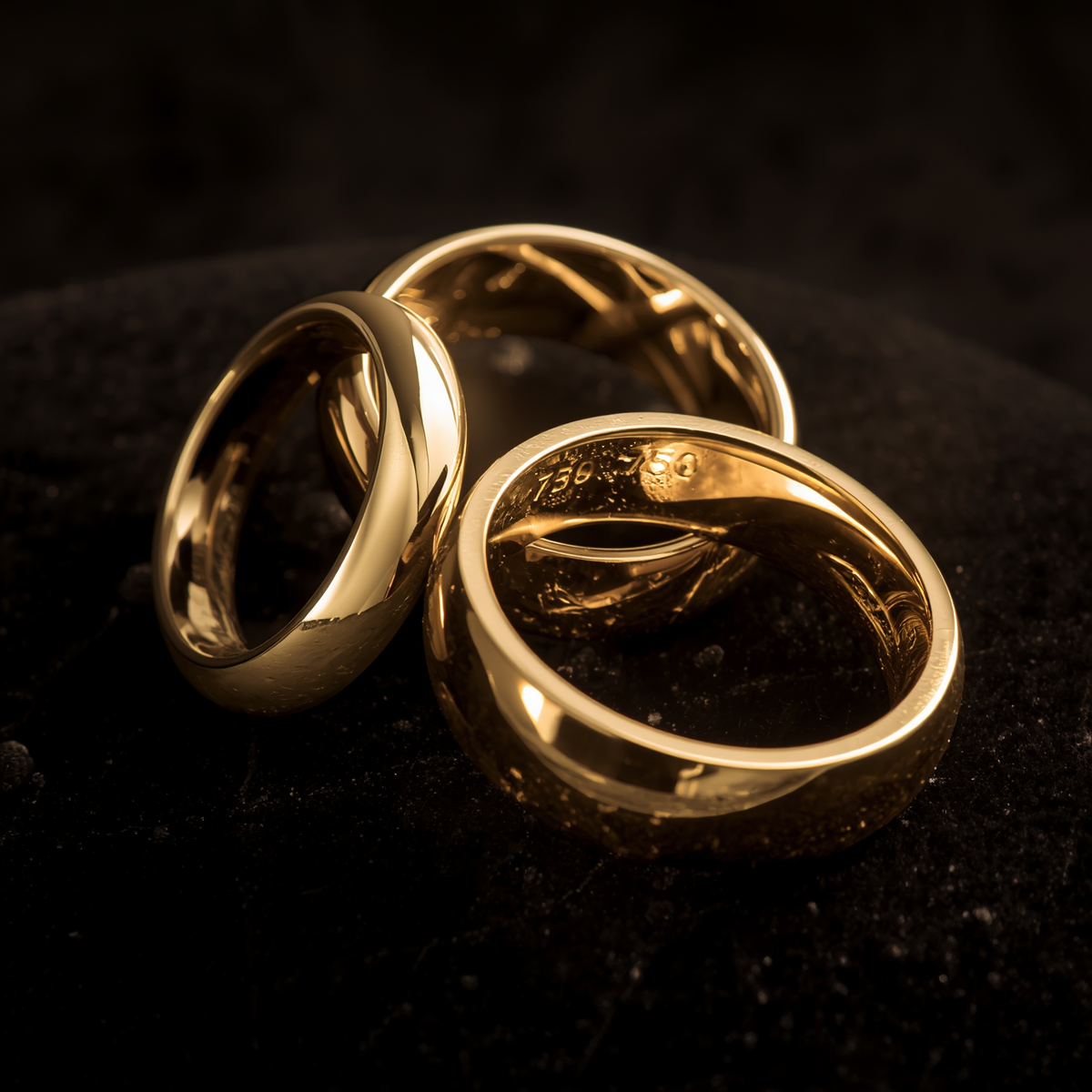 Macro photograph of three 18K gold rings with visible 750 hallmark on dark velvet surface