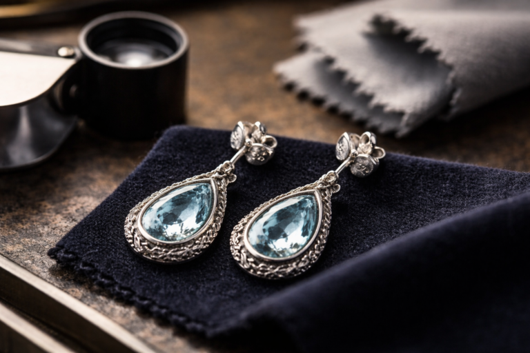 A pair of elegant, handcrafted sterling silver earrings with blue aquamarine stones sits on a piece of dark velvet.
