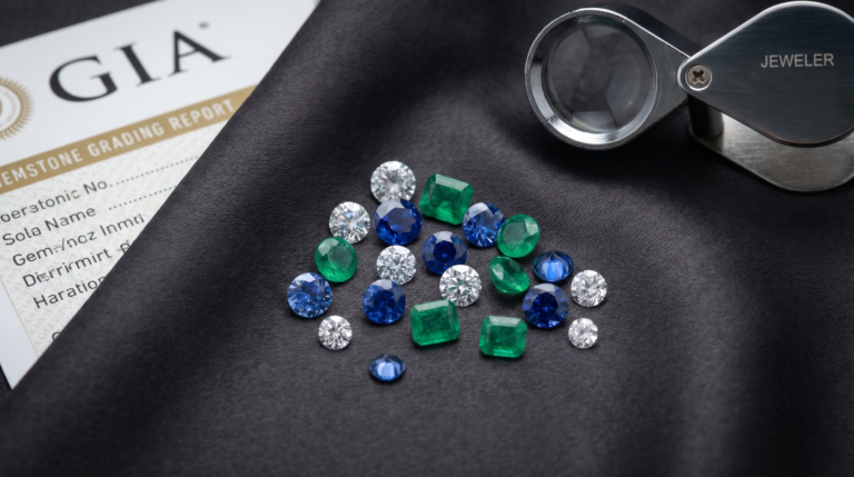 Gemstones with a GIA grading report and jeweler loupe on black fabric