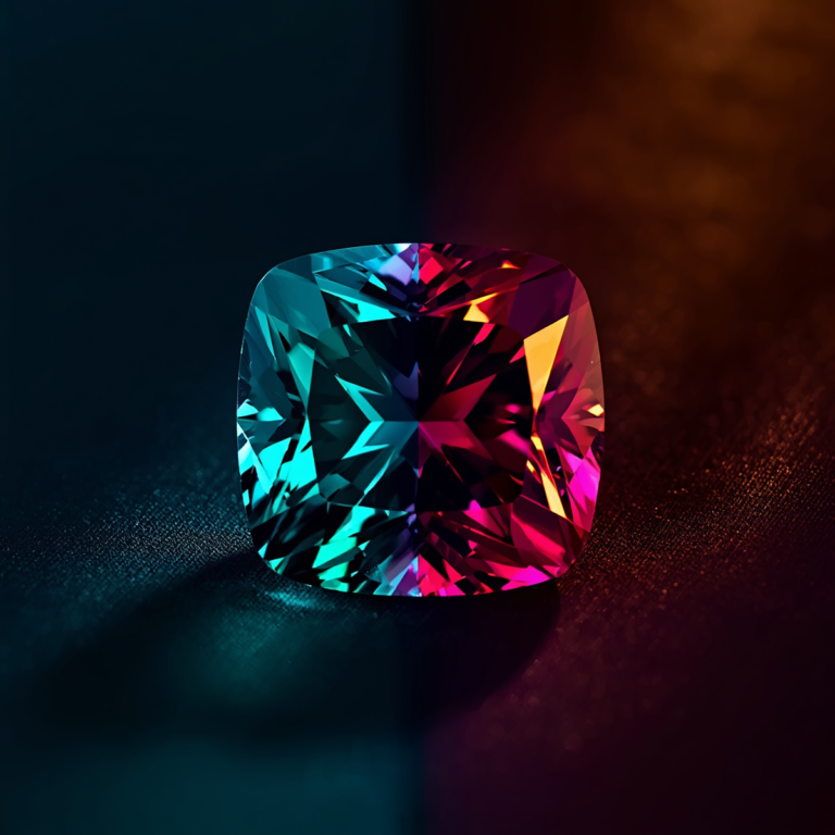 A macro shot of a high-carat cushion-cut Alexandrite. The image is a split-lighting composition: