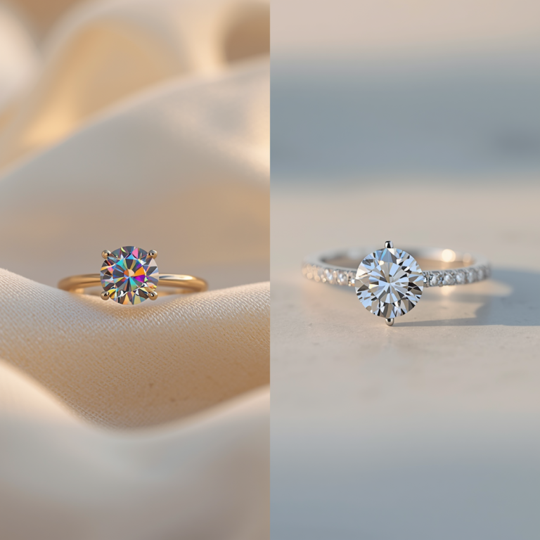 Side-by-side macro photography of moissanite and diamond engagement rings on white silk and marble surface with golden hour lighting showcasing rainbow fire and white brilliance