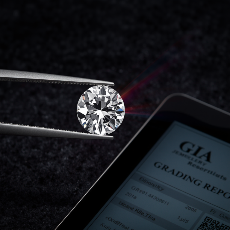 Brilliant round cut diamond held by precision tweezers with GIA grading report certificate on black background