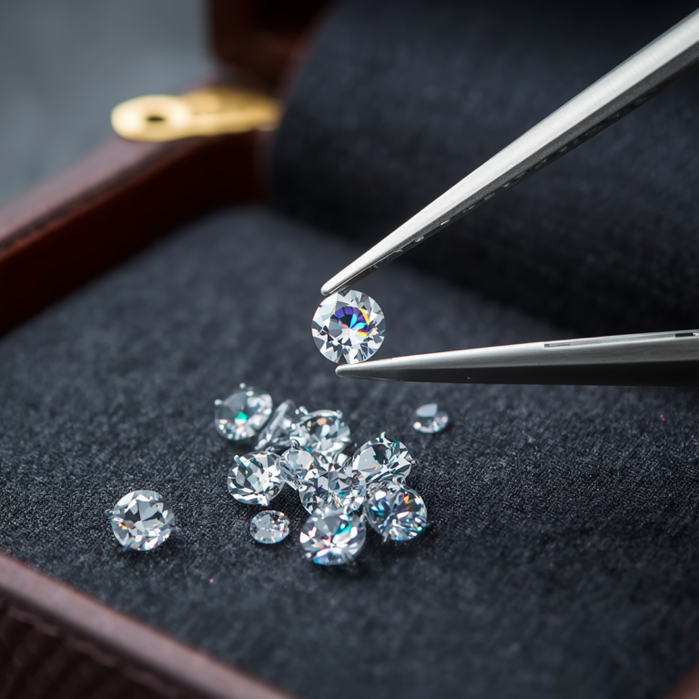 Macro shot of cubic zirconia stone held in jeweler's tweezers showing prismatic fire with loose stones on dark velvet and leather jewelry box