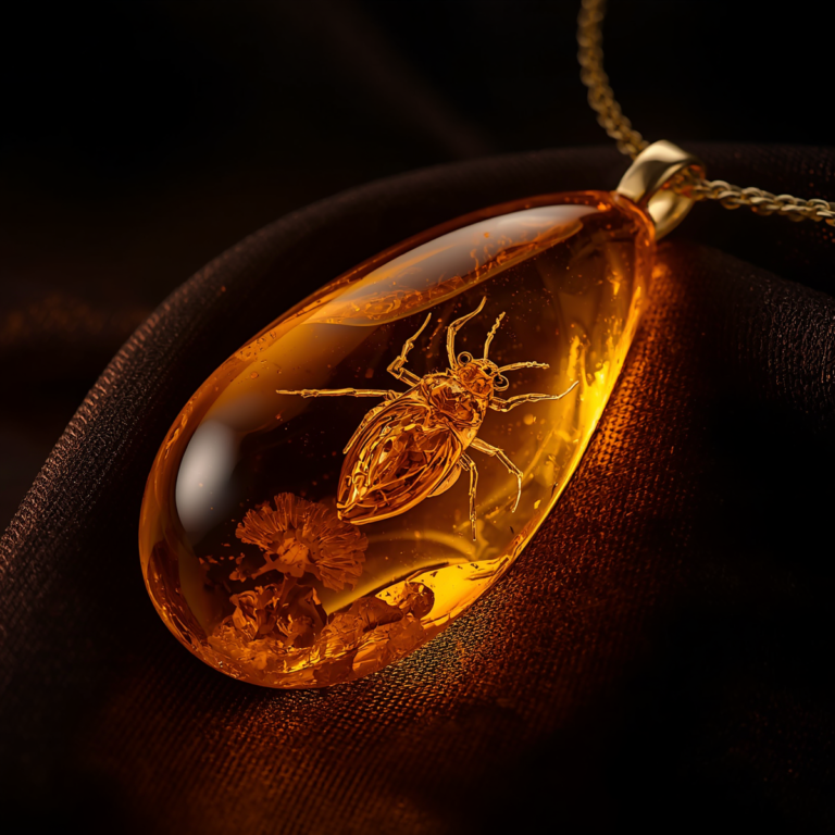 Honey-colored amber pendant with preserved insect inclusion on dark textured background