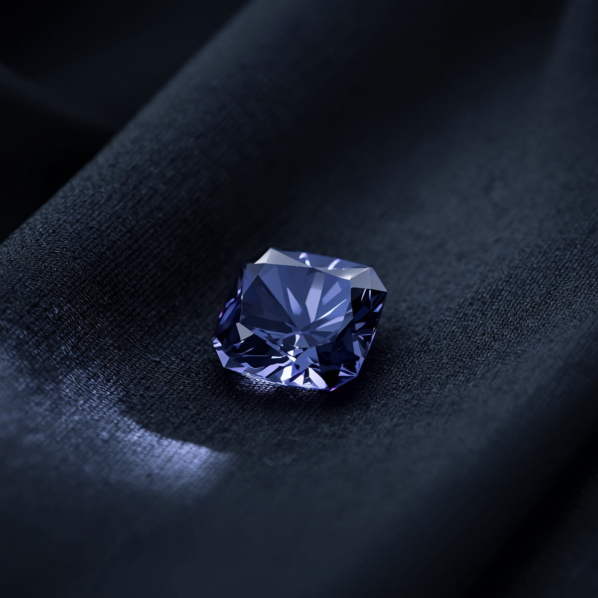 Macro shot of deep blue cushion-cut diamond on dark charcoal silk with focused light beam creating white and violet fire