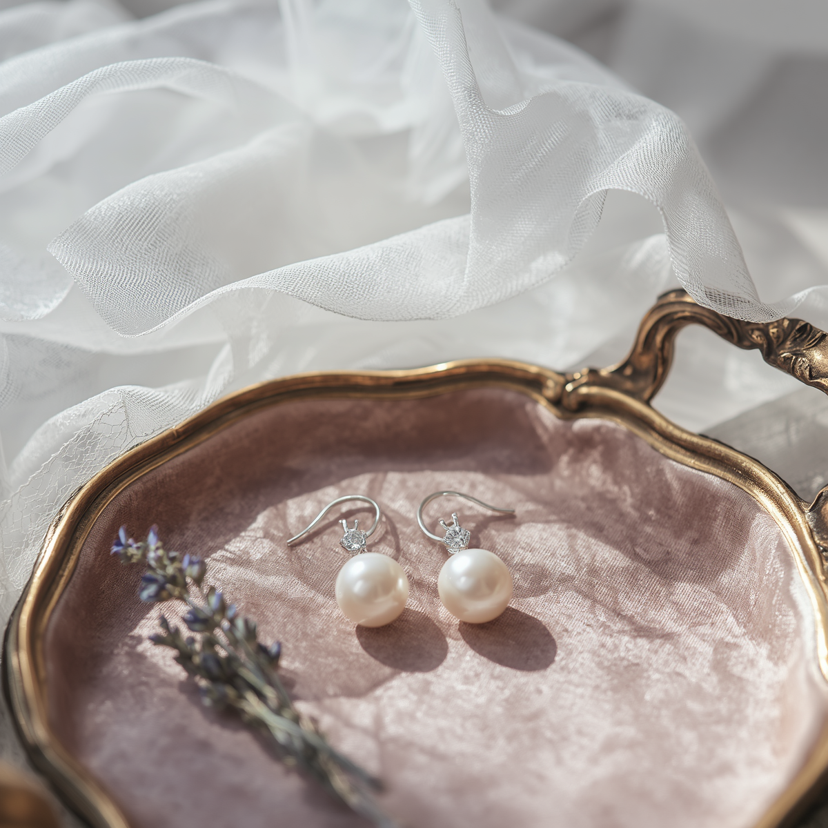 Flat-lay of Akoya pearl earrings and platinum diamond pendant on vintage velvet tray with lace veil and lavender in soft morning light