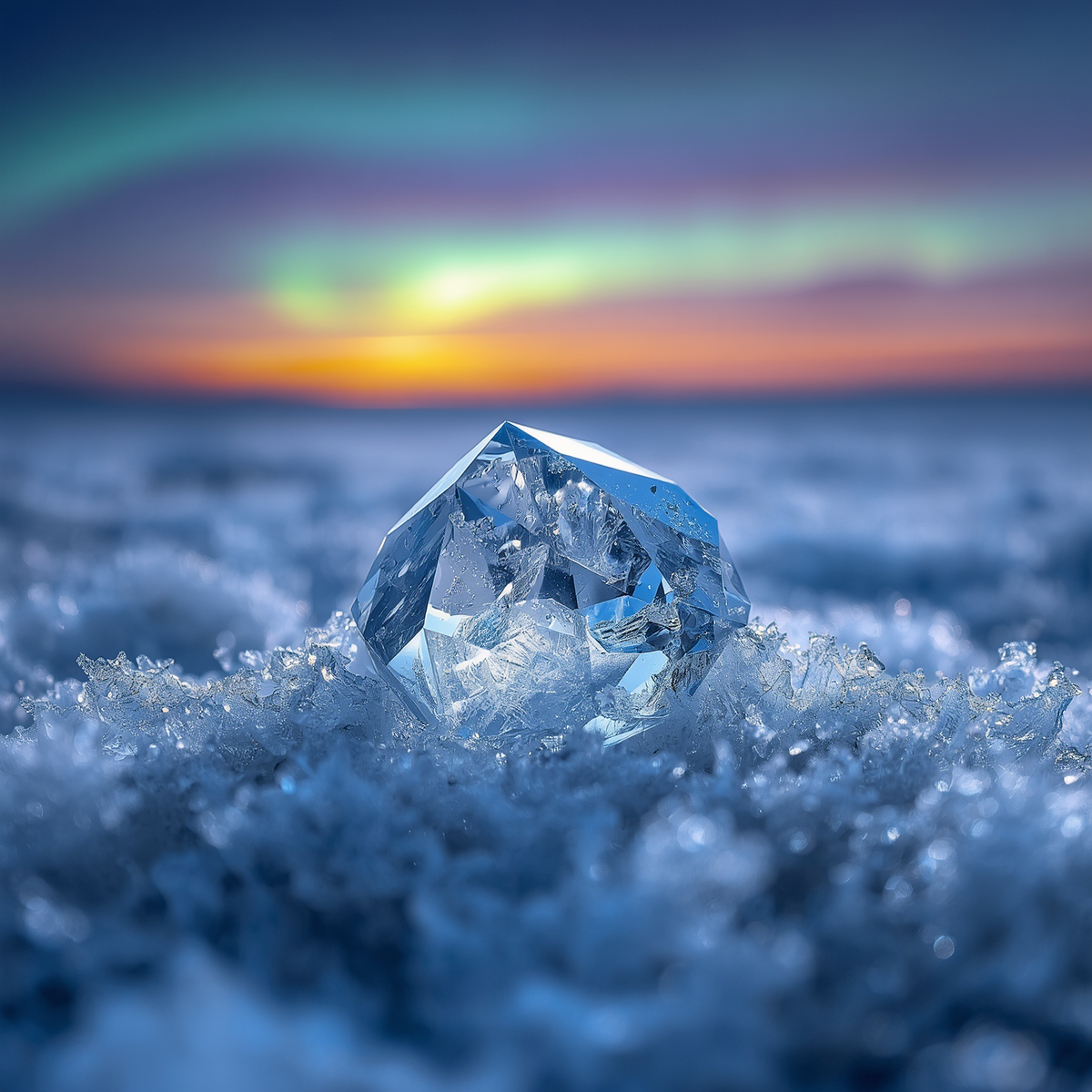 Macro shot of rough unpolished diamond crystal in sparkling Arctic hoar frost with Aurora Borealis and sunset over frozen tundra in background