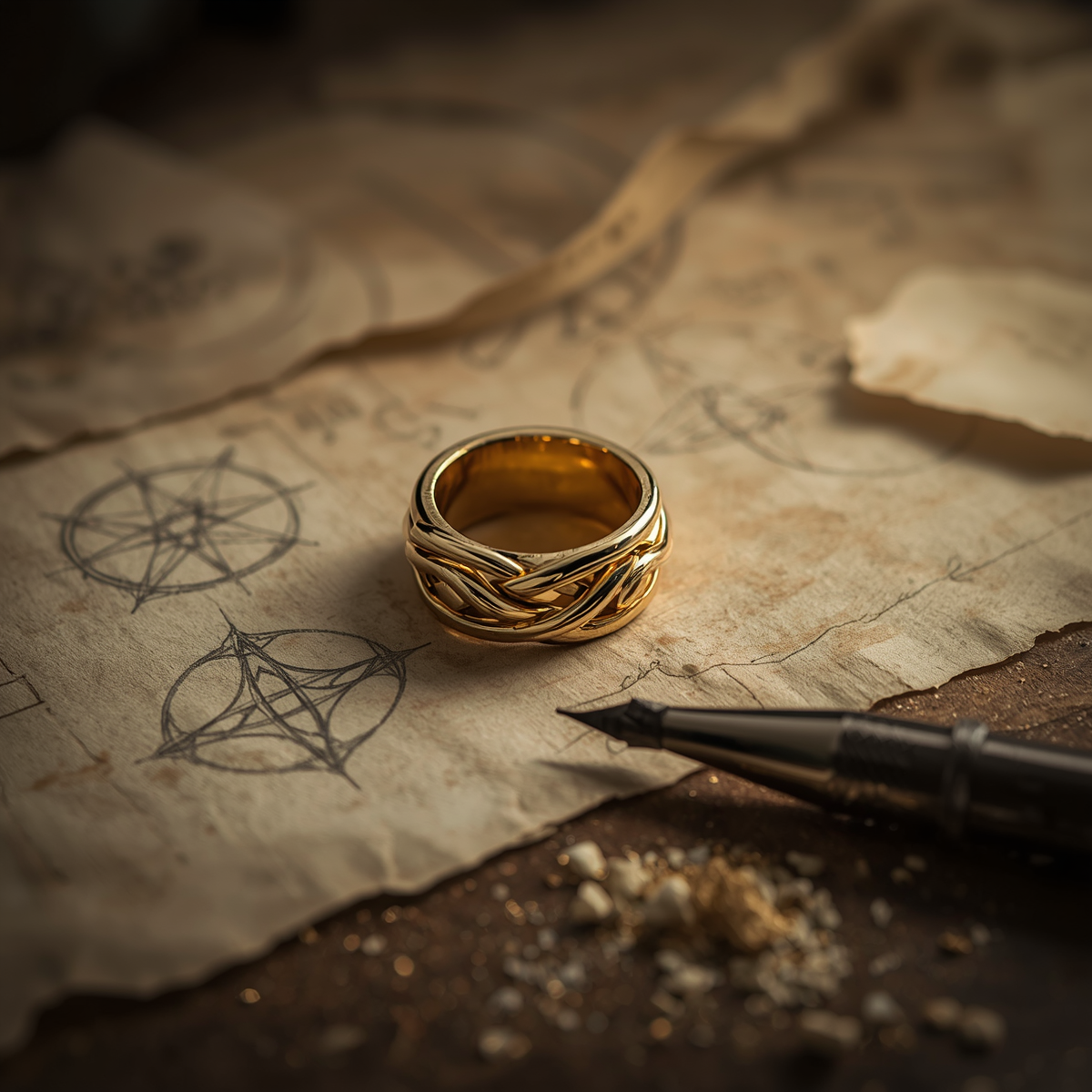 Close-up of 18K gold Trinity Knot ring on aged parchment with geometric sketches, engraving burin tool, and gold shavings on jeweler's workbench