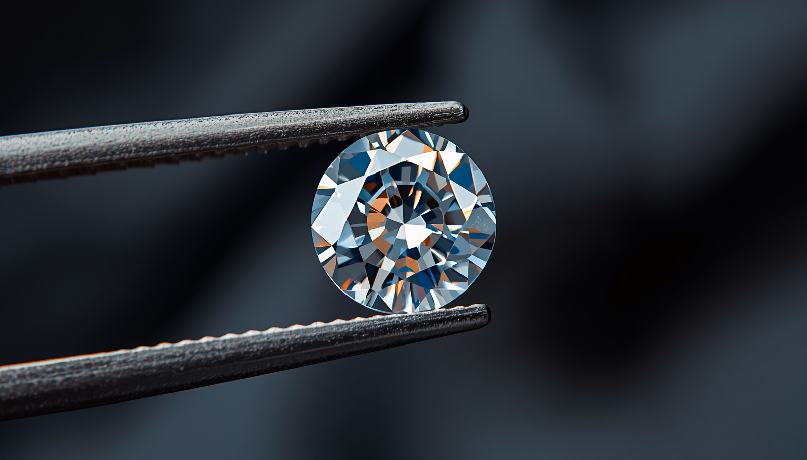 Macro shot of brilliant-cut diamond in jeweler's tweezers showing blue and orange fire with dramatic architectural lighting on dark charcoal silk background