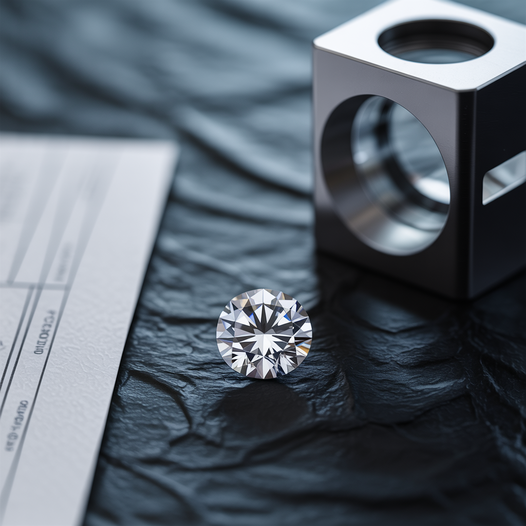 Loose round diamond with jeweler’s loupe on dark textured surface