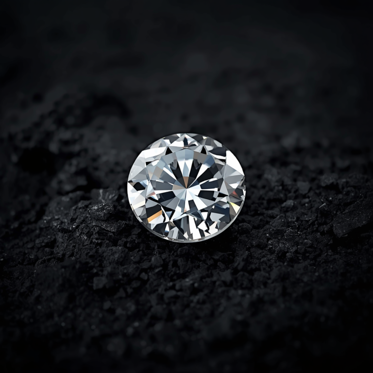 Round brilliant diamond on dark charcoal stone with dramatic lighting
