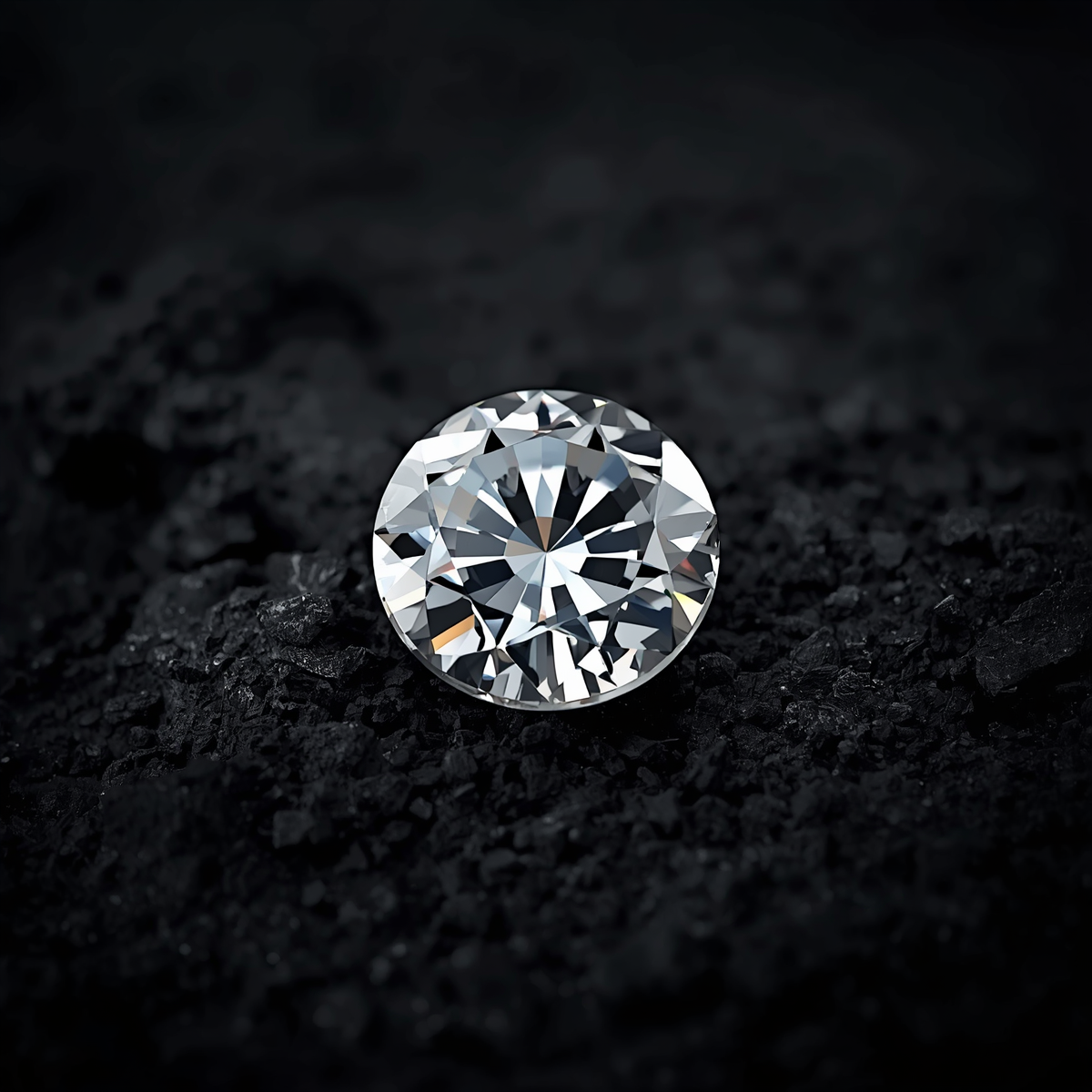 Round brilliant diamond on dark charcoal stone with dramatic lighting