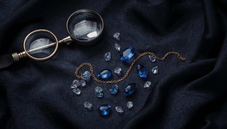 Flat-lay of jeweler's loupes with loose blue sapphires and clear topazes and gold-filled chain on dark textured silk with moody luxury lighting