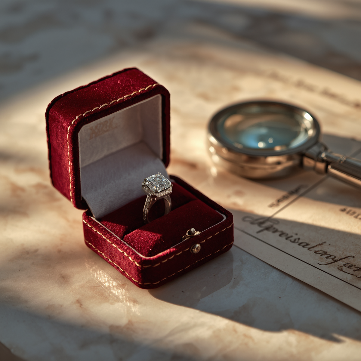 Vintage velvet jewelry box open on marble surface displaying brilliant-cut diamond ring with magnifying loupe and appraisal document in golden hour lighting