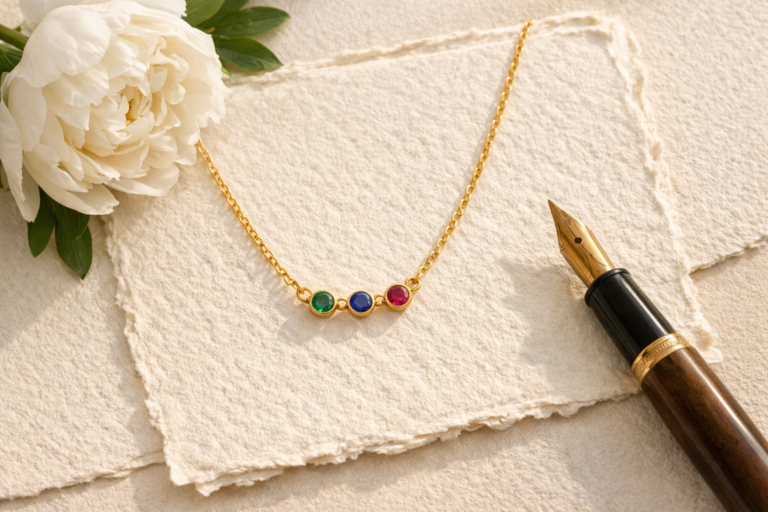 Delicate 14K gold necklace with emerald, sapphire, and ruby birthstones on cream paper beside a white peony and fountain pen.