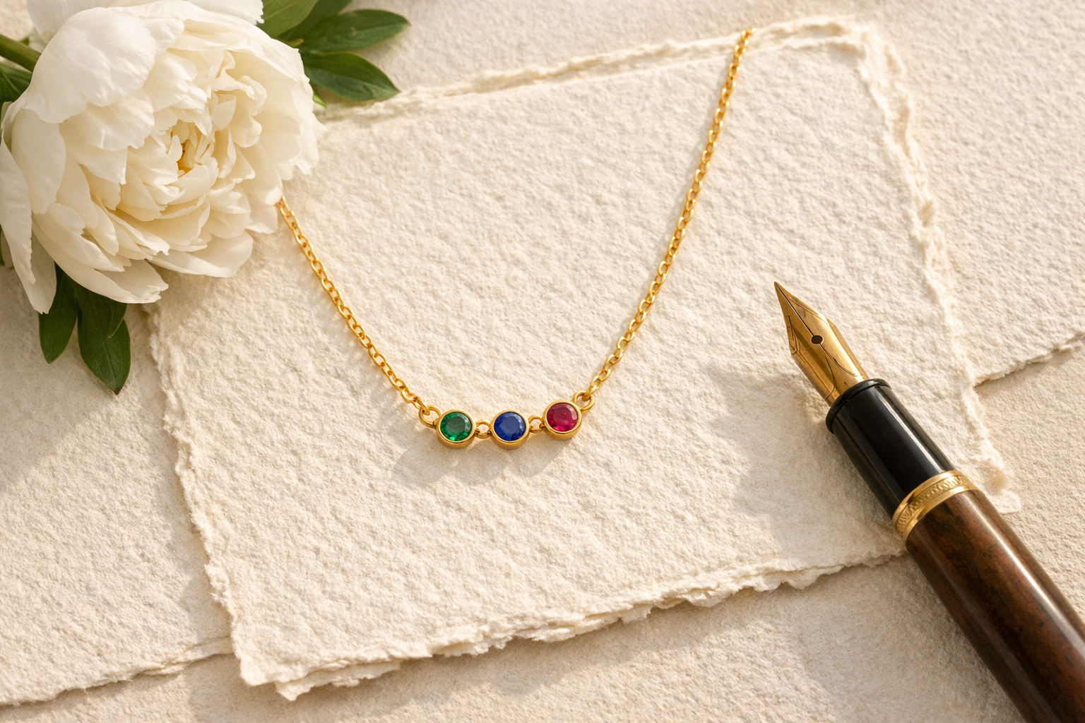 Delicate 14K gold necklace with emerald, sapphire, and ruby birthstones on cream paper beside a white peony and fountain pen.