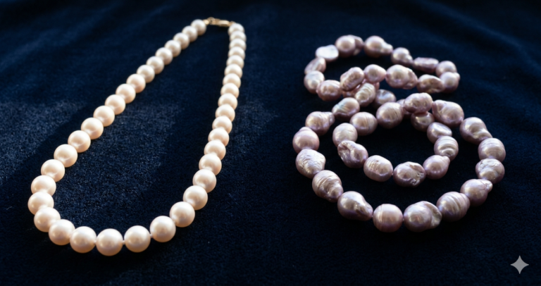 Two pearl strands on dark velvet, showing round warm-white pearls beside loose lavender baroque pearls.