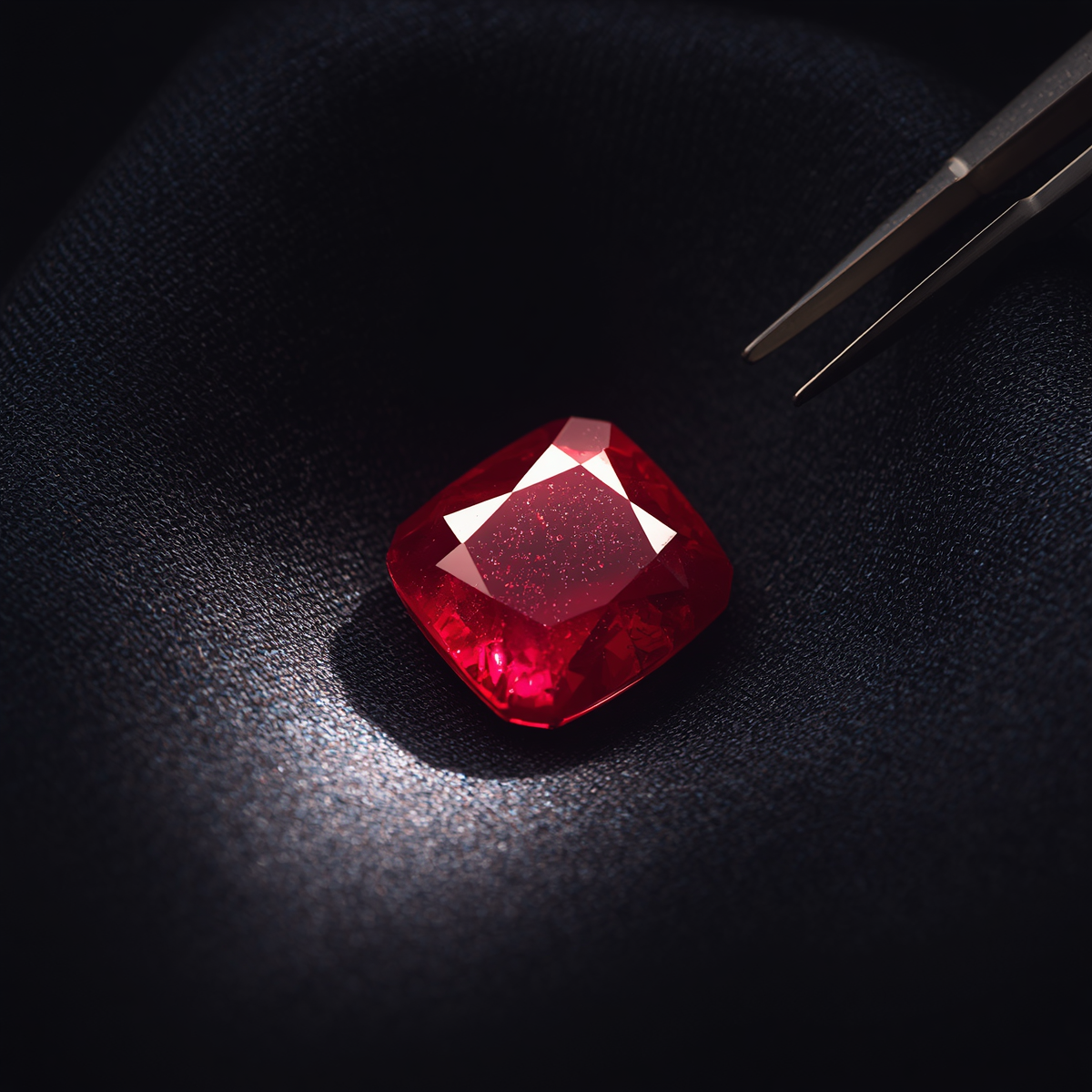 Macro shot of faceted cushion-cut ruby on dark charcoal silk with focused light beam creating crimson glow and jeweler's tweezers holding GIA report