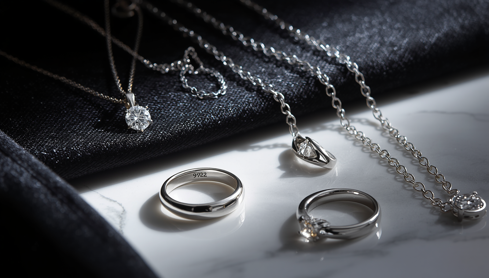 Sterling silver necklaces and rings with zircon stones on dark silk and white marble with 925 hallmark visible