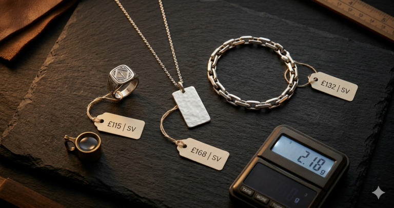 Sterling silver jewelry pieces with a scale and price tags on dark velvet.