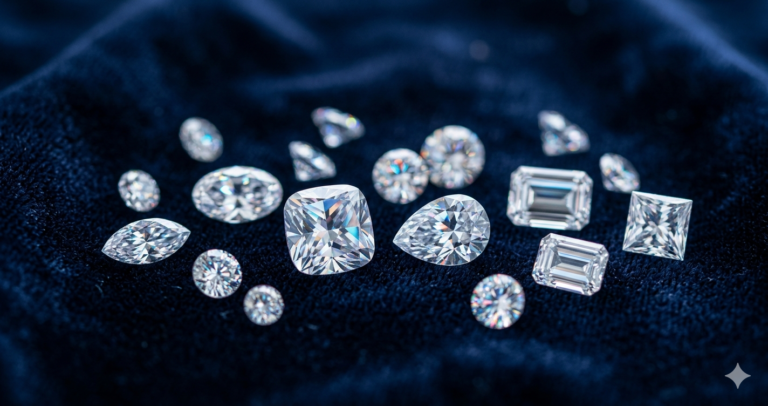 A close-up, shallow-depth-of-field shot of assorted loose cubic zirconia stones scattered on a dark velvet or satin surface.
